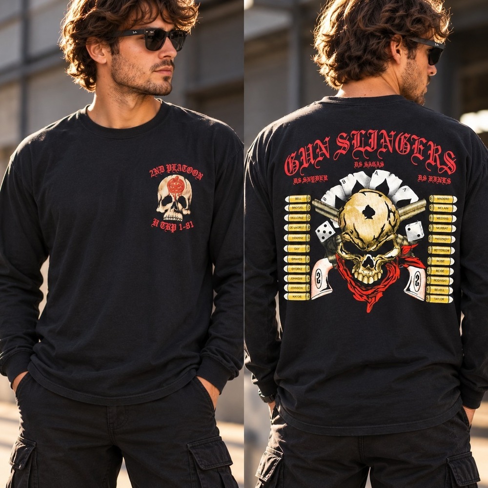 Gun Slingers 2nd Platoon H TRP 1-81 Skull Graphic Long Sleeve Shirt Gildan M